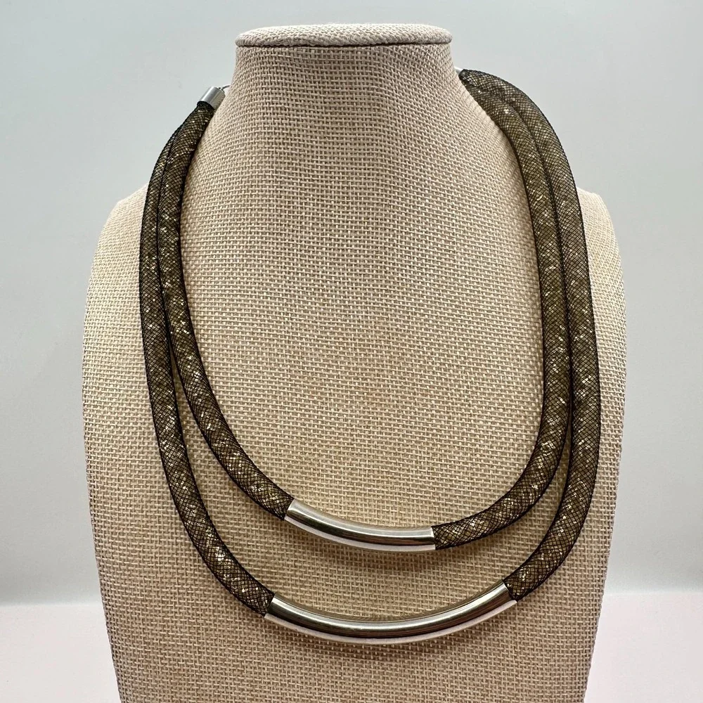 Vintage 90s Black Mesh Double Strand Glass Stone Necklace Silver Tone